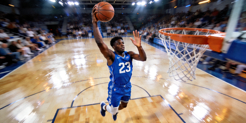 篮球运动员在室内球场投篮的精彩瞬间