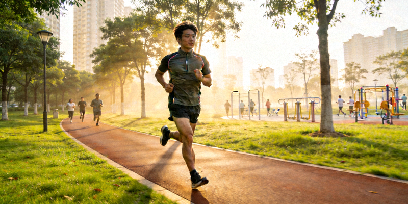 跑步爱好者在城市公园晨跑的场景
